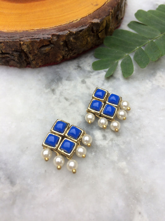 Dark Blue Resin Stone and Pearl Stud Earrings