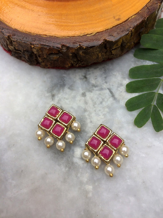 Dark Pink Resin Stone and Pearl Stud Earrings