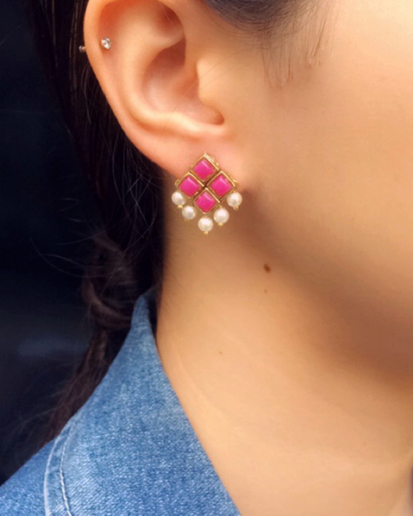 Buy Dark Pink Pearls And Stone Studded Earrings Online Collection Online  From Surat Wholesale Shop