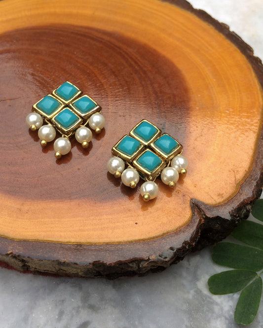 Light Blue Resin Stone and Pearl Stud Earrings