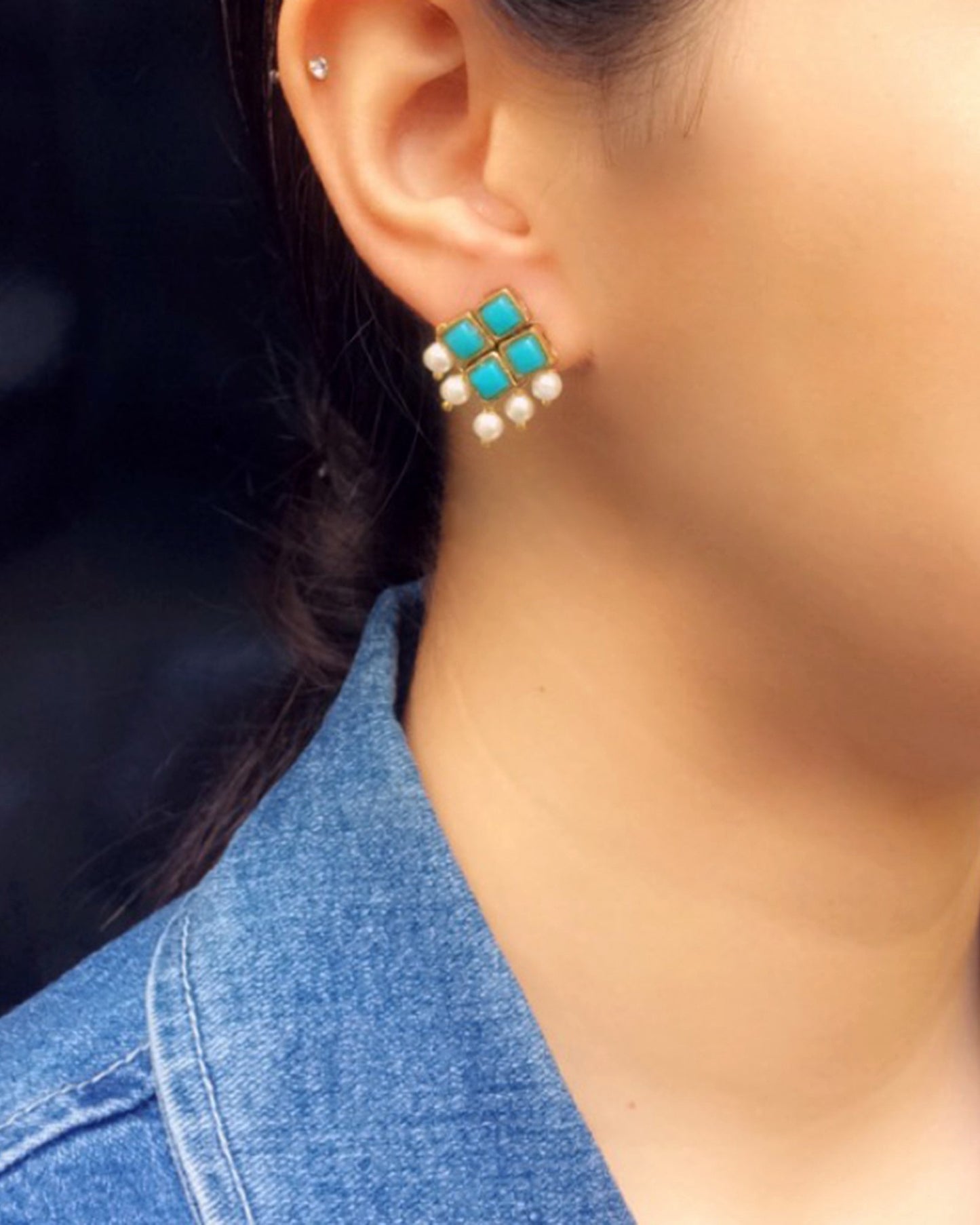 Light Blue Resin Stone and Pearl Stud Earrings