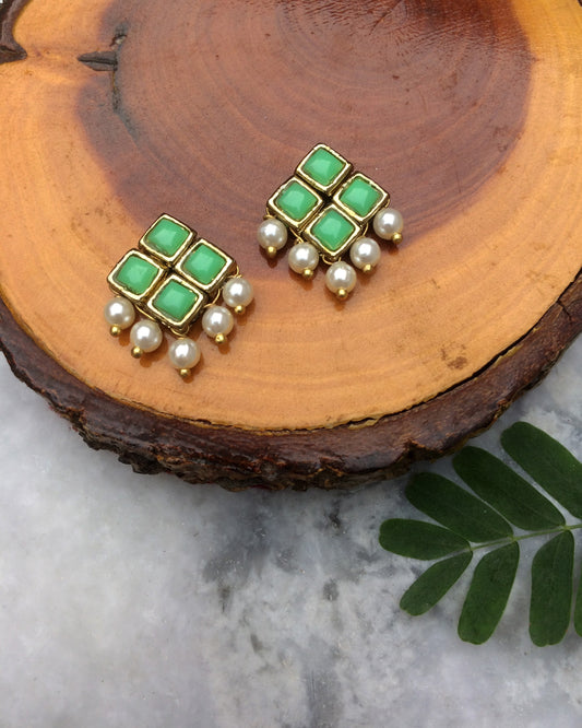 Light Green Resin Stone and Pearl Stud Earrings