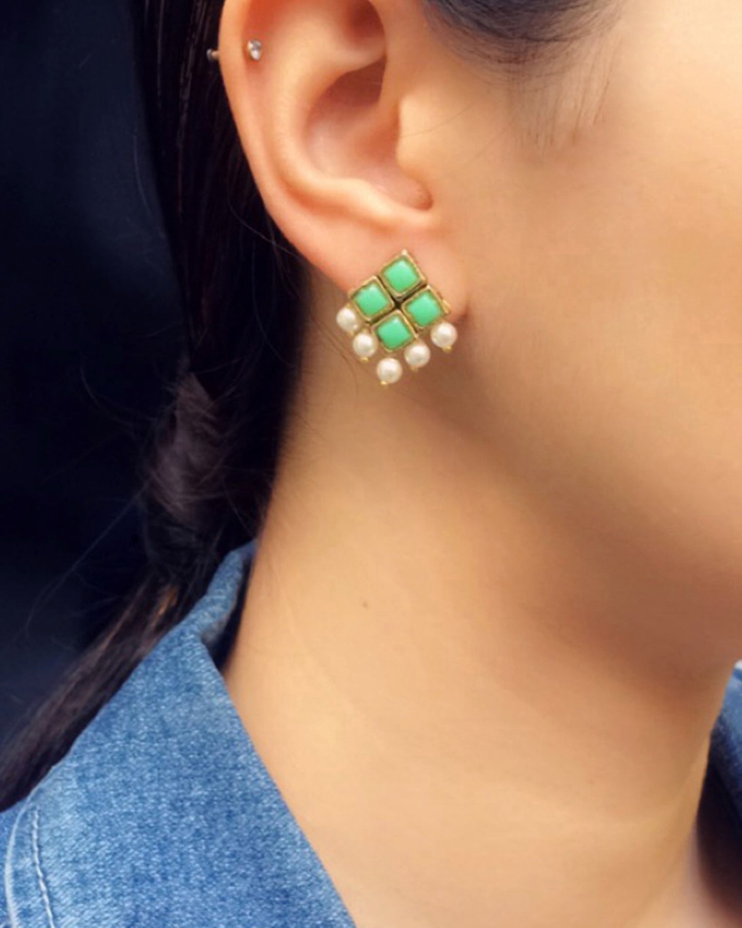 Light Green Resin Stone and Pearl Stud Earrings