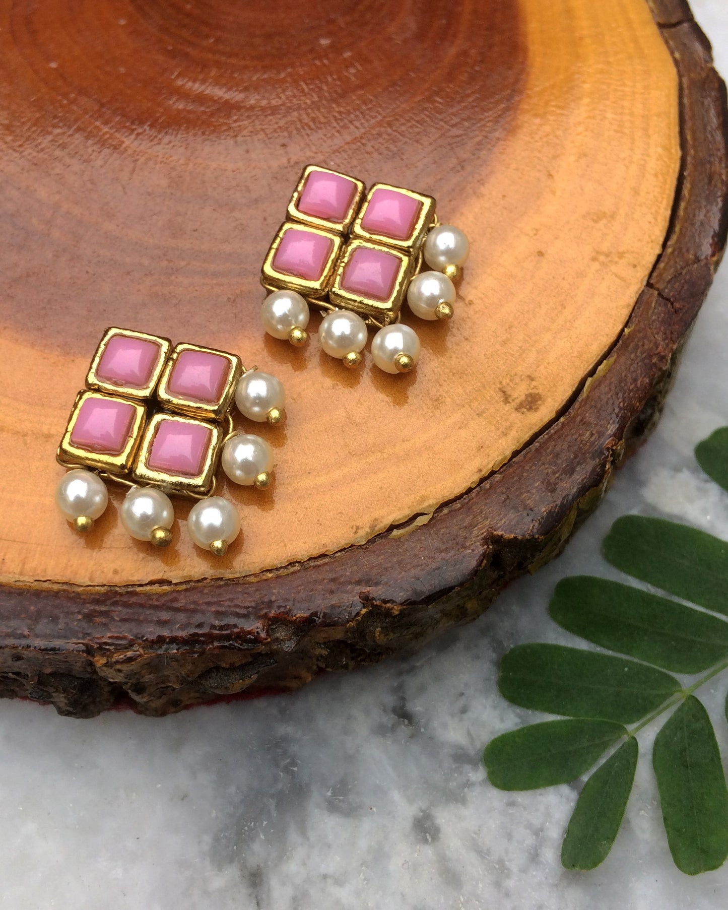 Light Pink Resin Stone and Pearl Stud Earrings