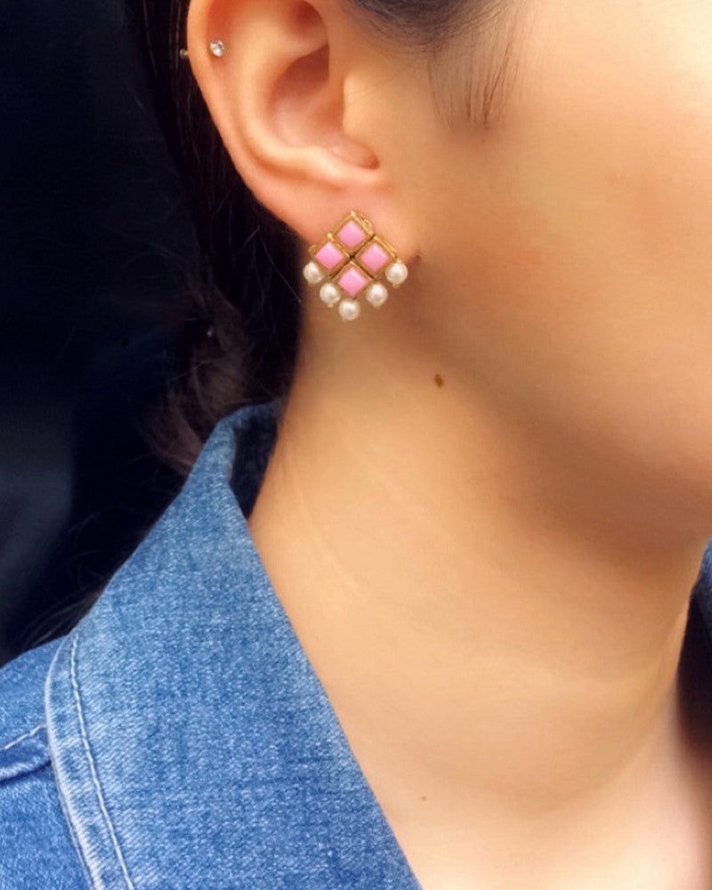 Light Pink Resin Stone and Pearl Stud Earrings