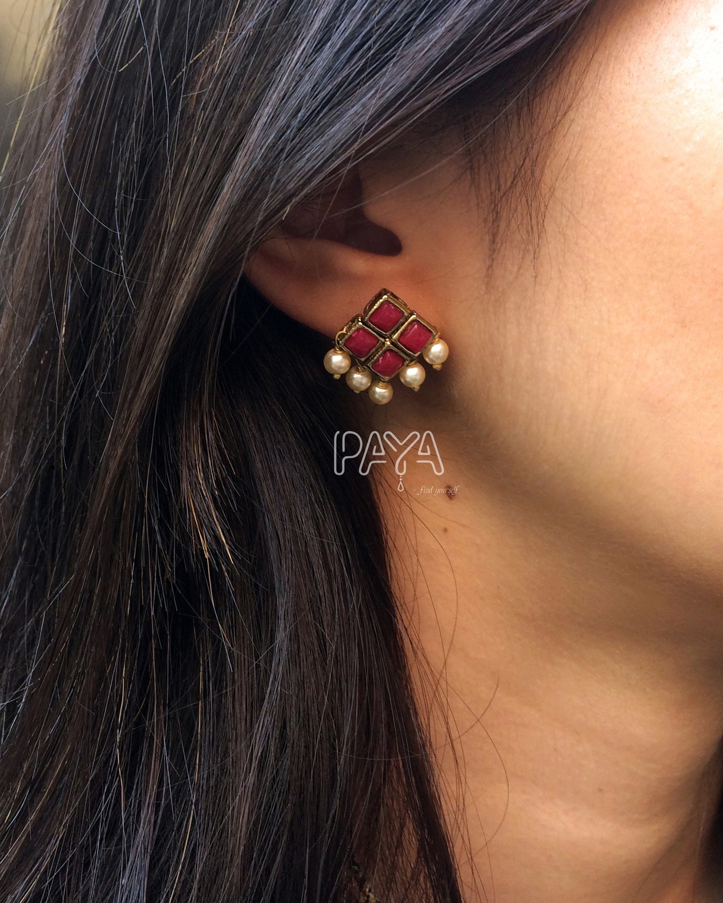 Red Resin Stone and Pearl Stud Earrings