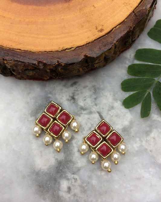Red Resin Stone and Pearl Stud Earrings