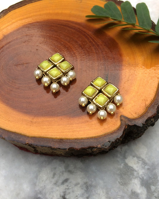 Yellow Resin Stone and Pearl Stud Earrings