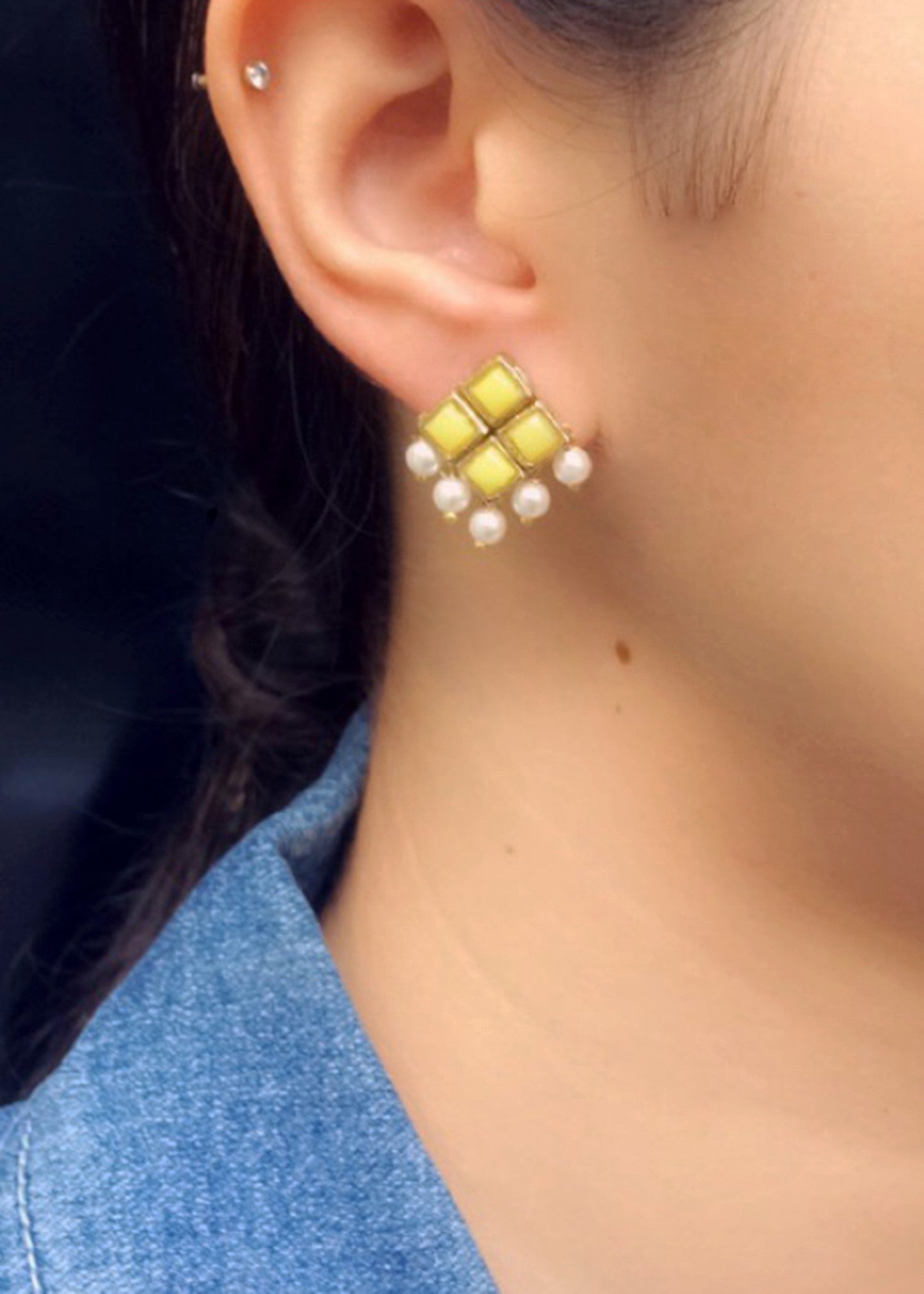 Yellow Resin Stone and Pearl Stud Earrings