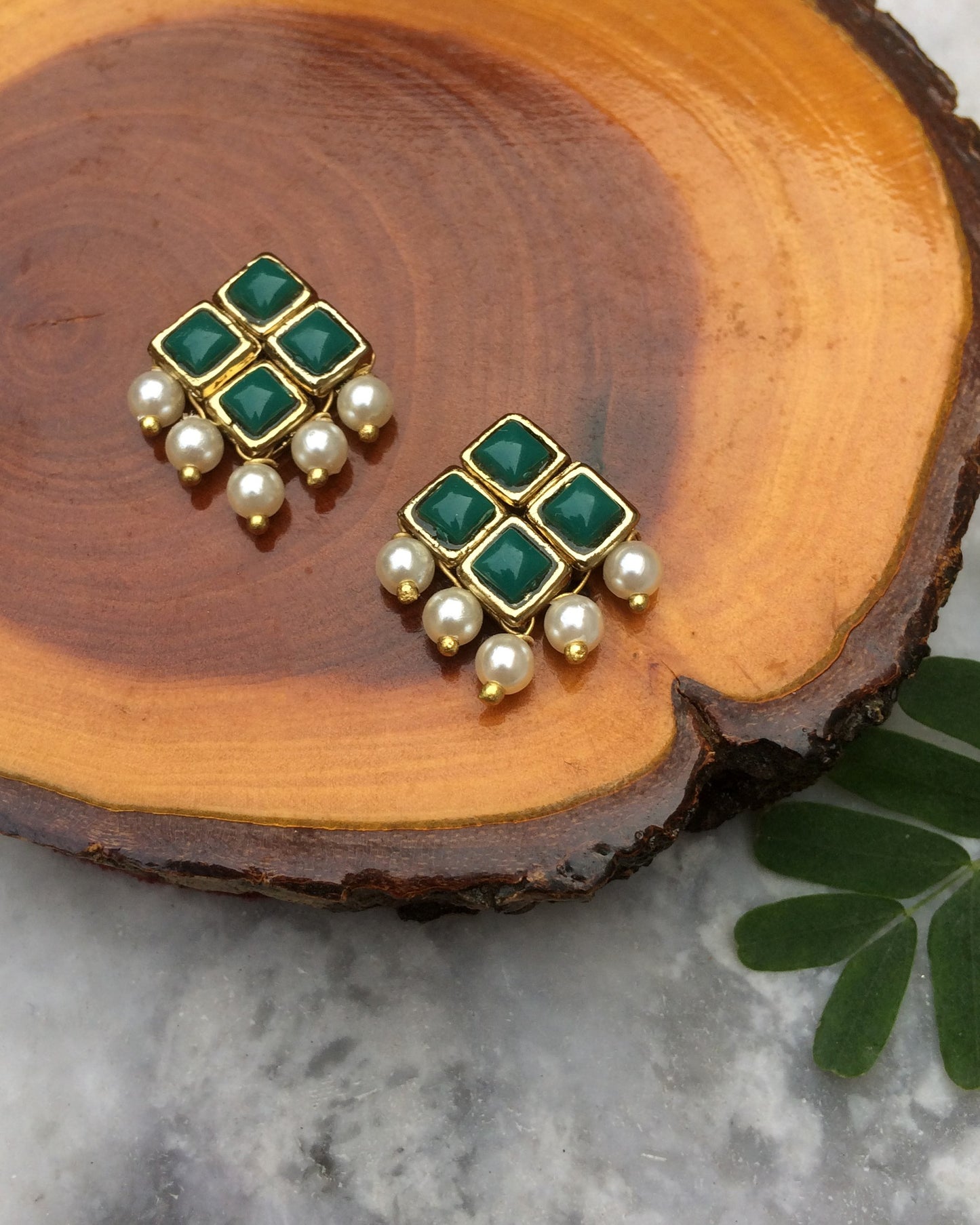 Green Resin Stone and Pearl Stud Earrings