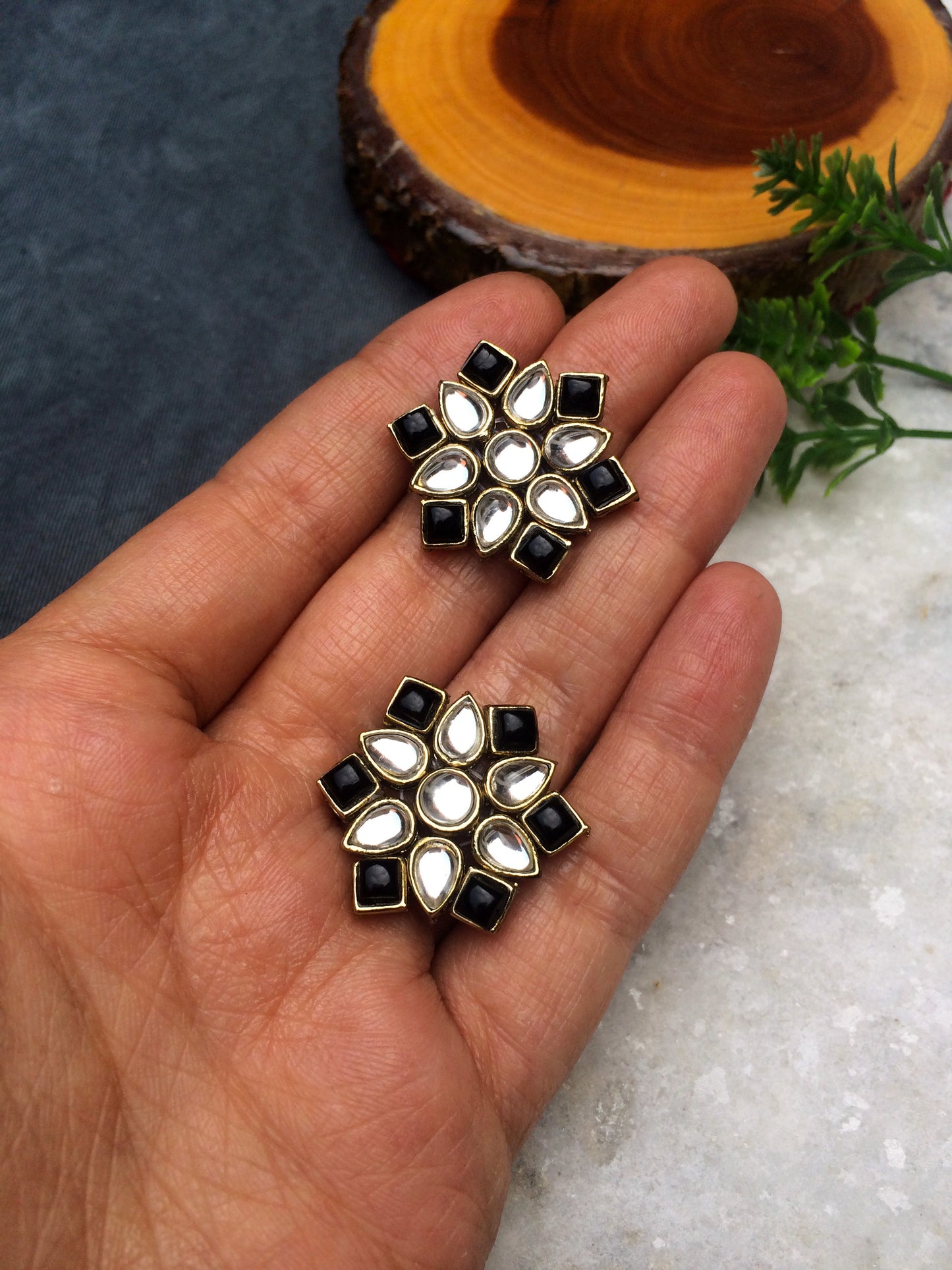 Black Stones and Kundan Small Round Studs