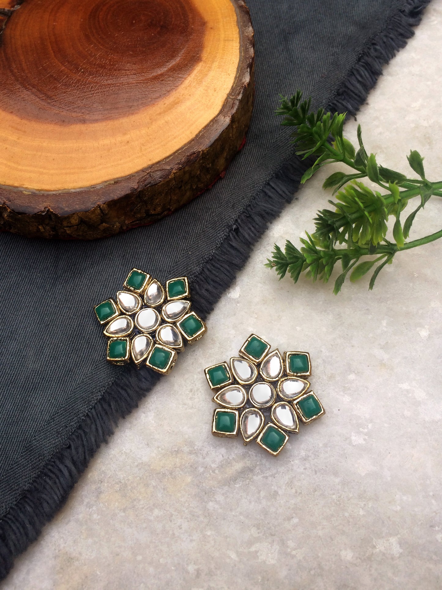 Green Stones and Kundan Small Round Studs