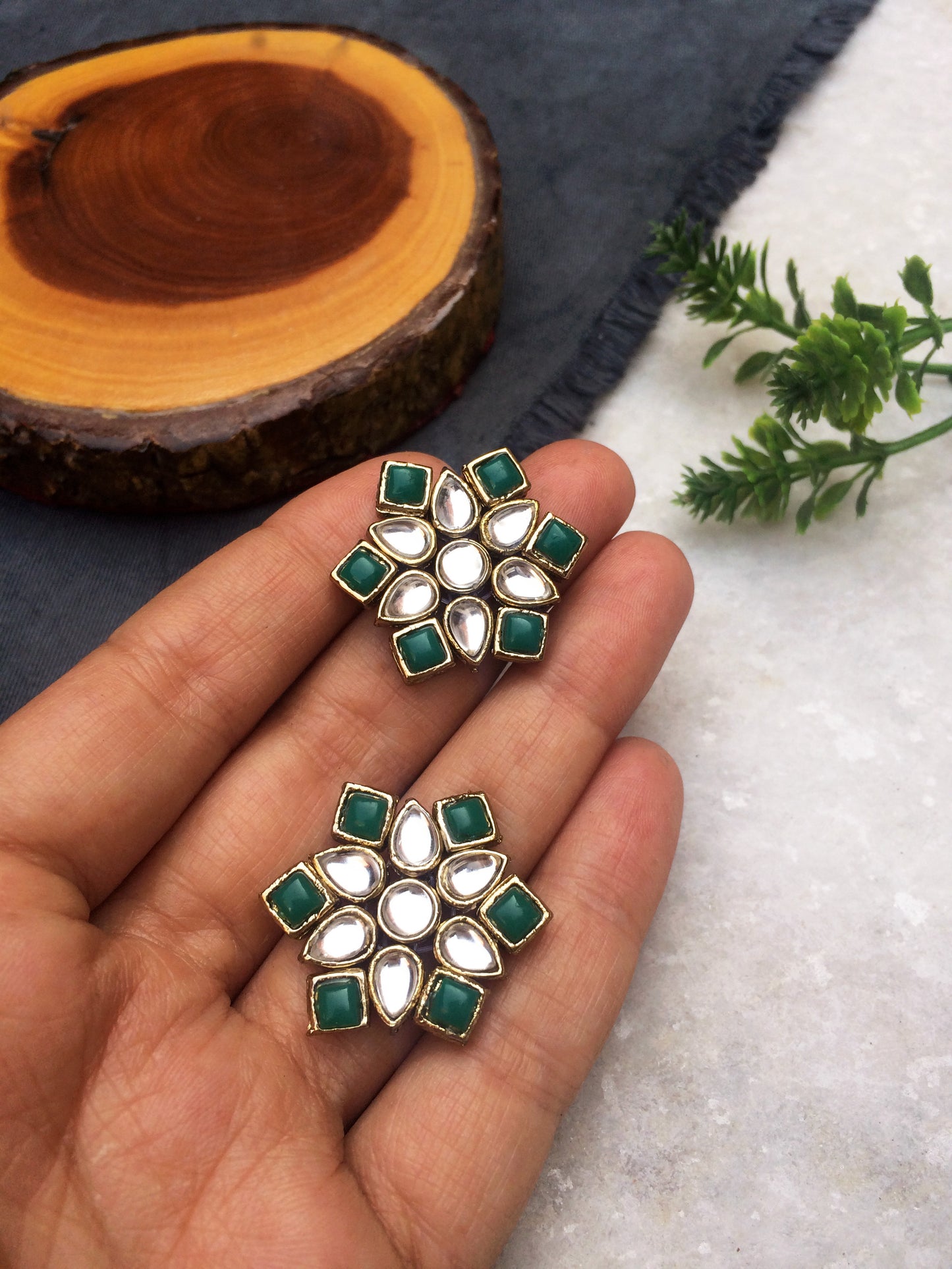 Green Stones and Kundan Small Round Studs