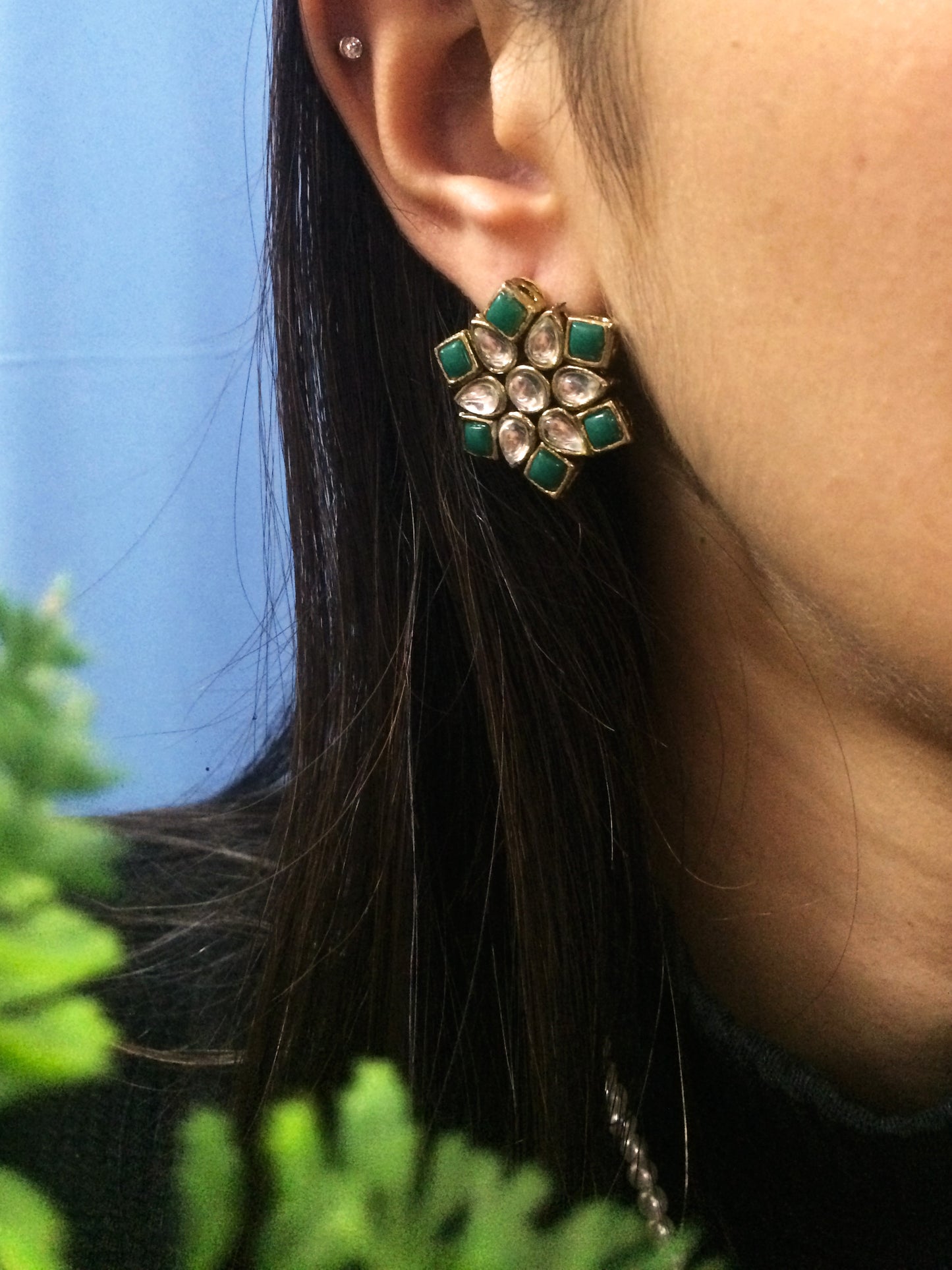 Green Stones and Kundan Small Round Studs