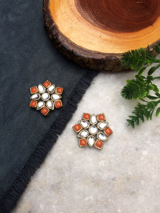 Orange Stones and Kundan Small Round Studs