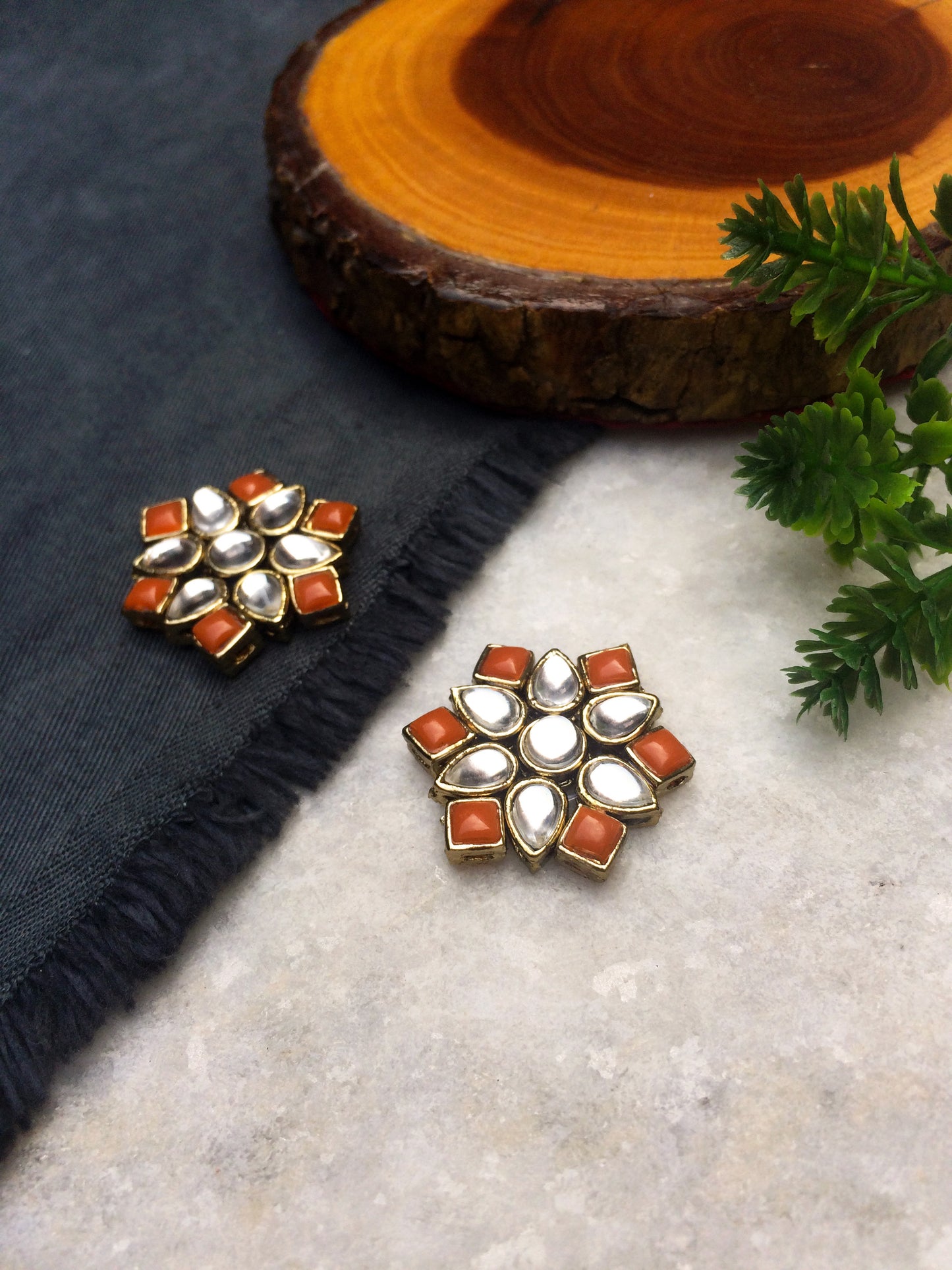 Orange Stones and Kundan Small Round Studs