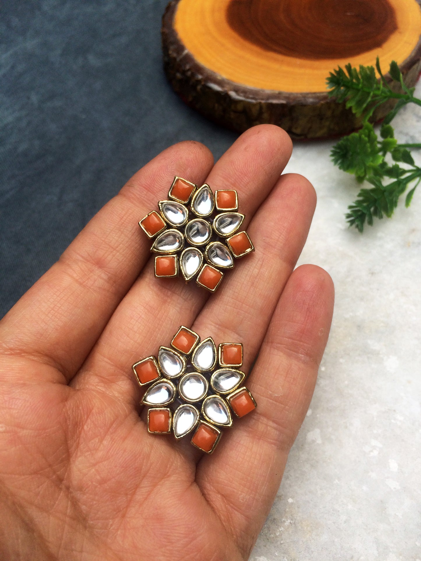 Orange Stones and Kundan Small Round Studs