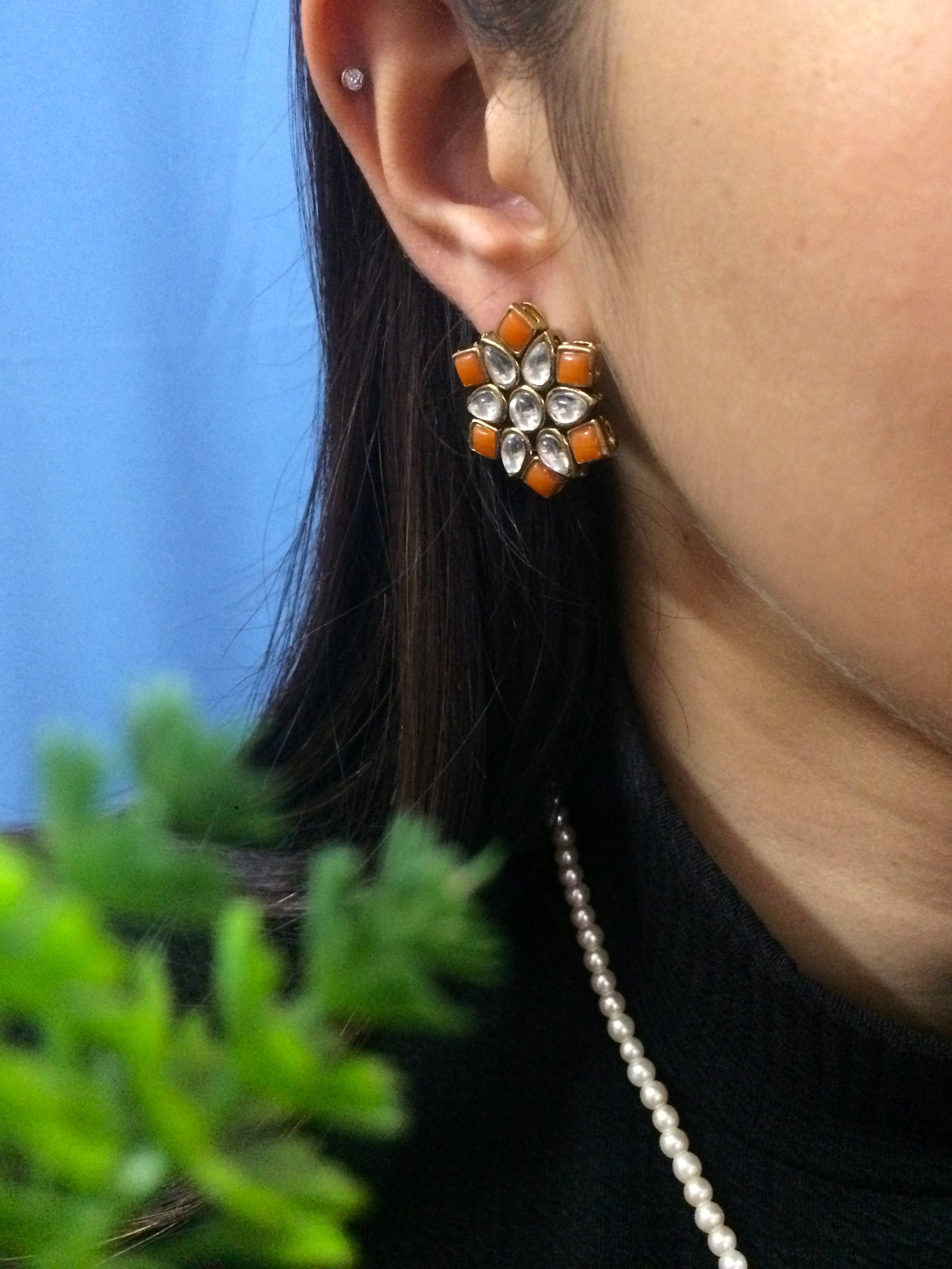 Orange Stones and Kundan Small Round Studs