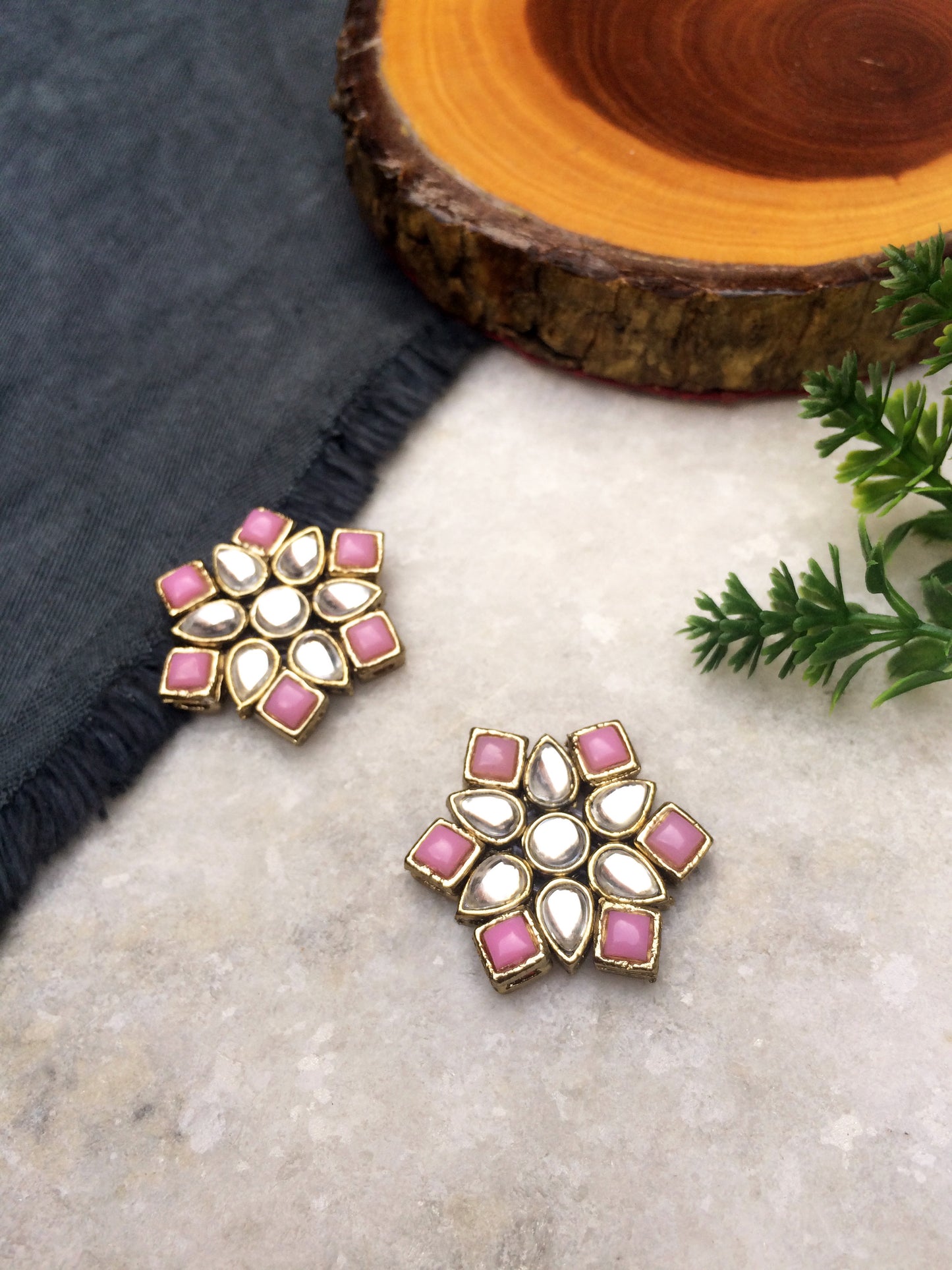 Pink Stones and Kundan Small Round Studs