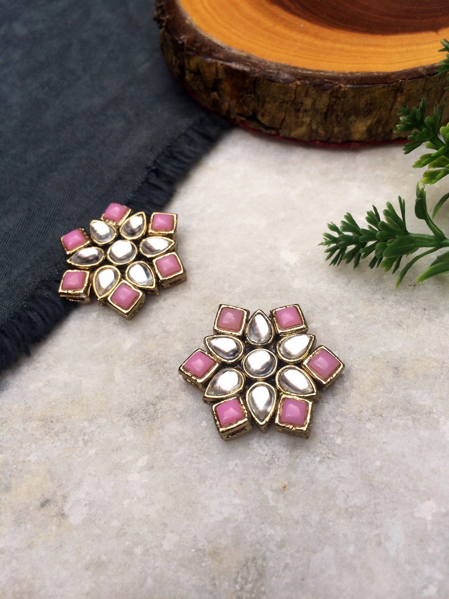 Pink Stones and Kundan Small Round Studs