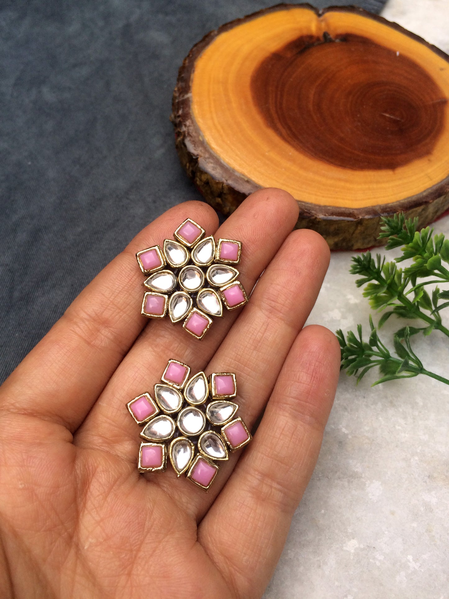 Pink Stones and Kundan Small Round Studs