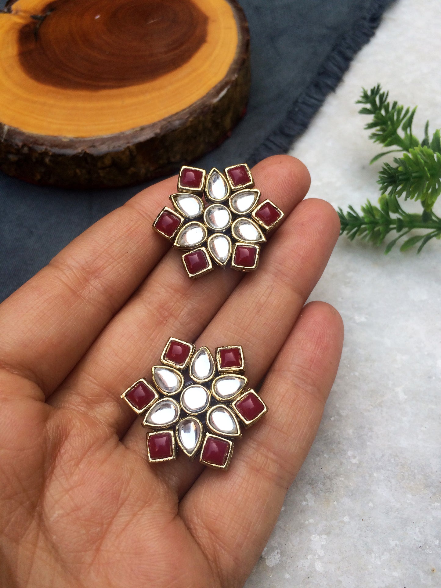 Red Stones and Kundan Small Round Studs