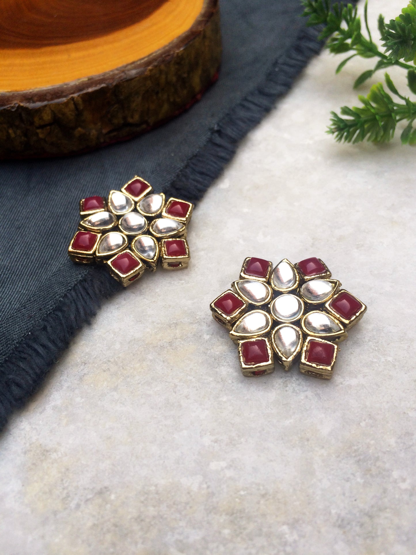 Red Stones and Kundan Small Round Studs