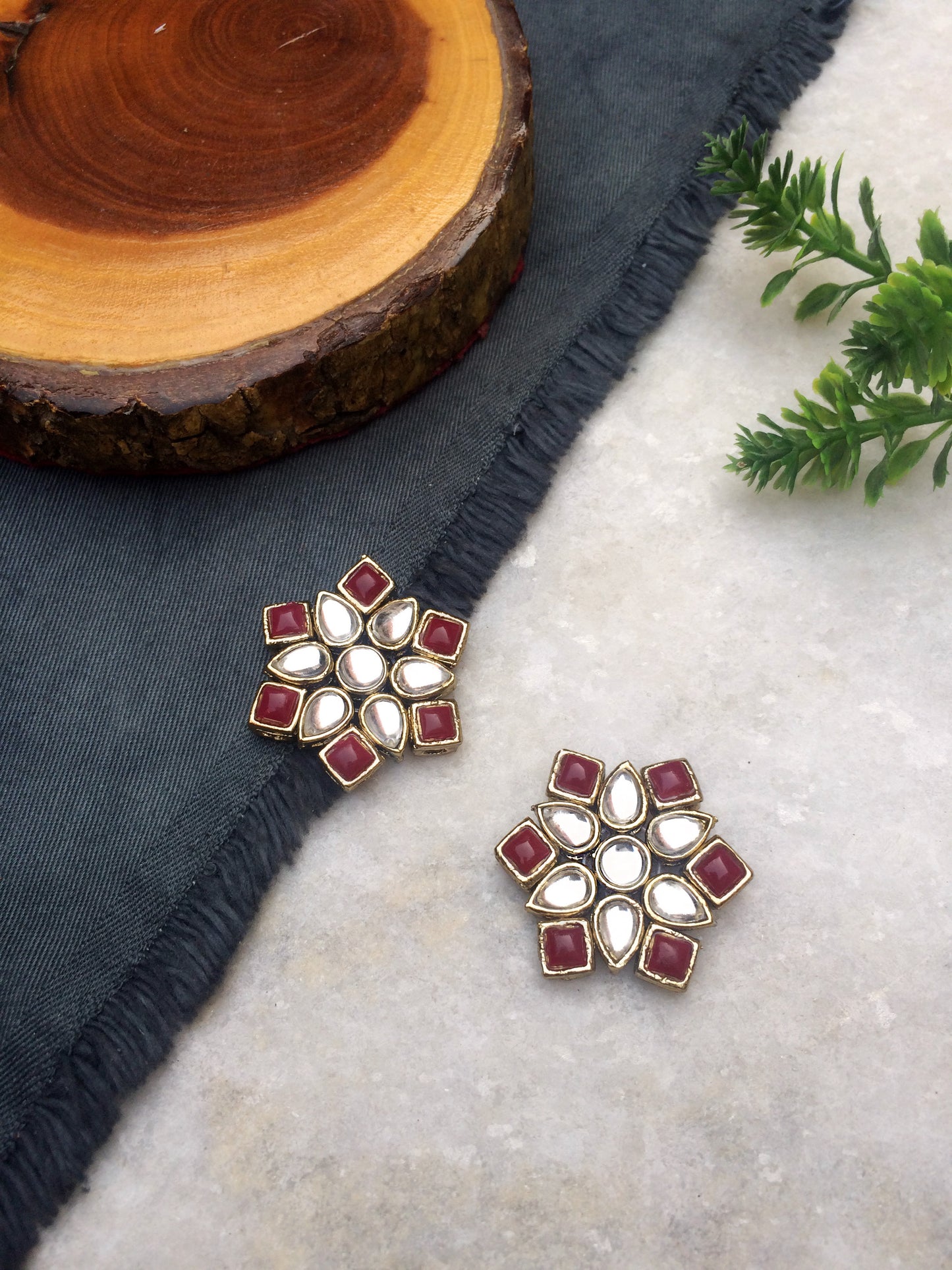 Red Stones and Kundan Small Round Studs