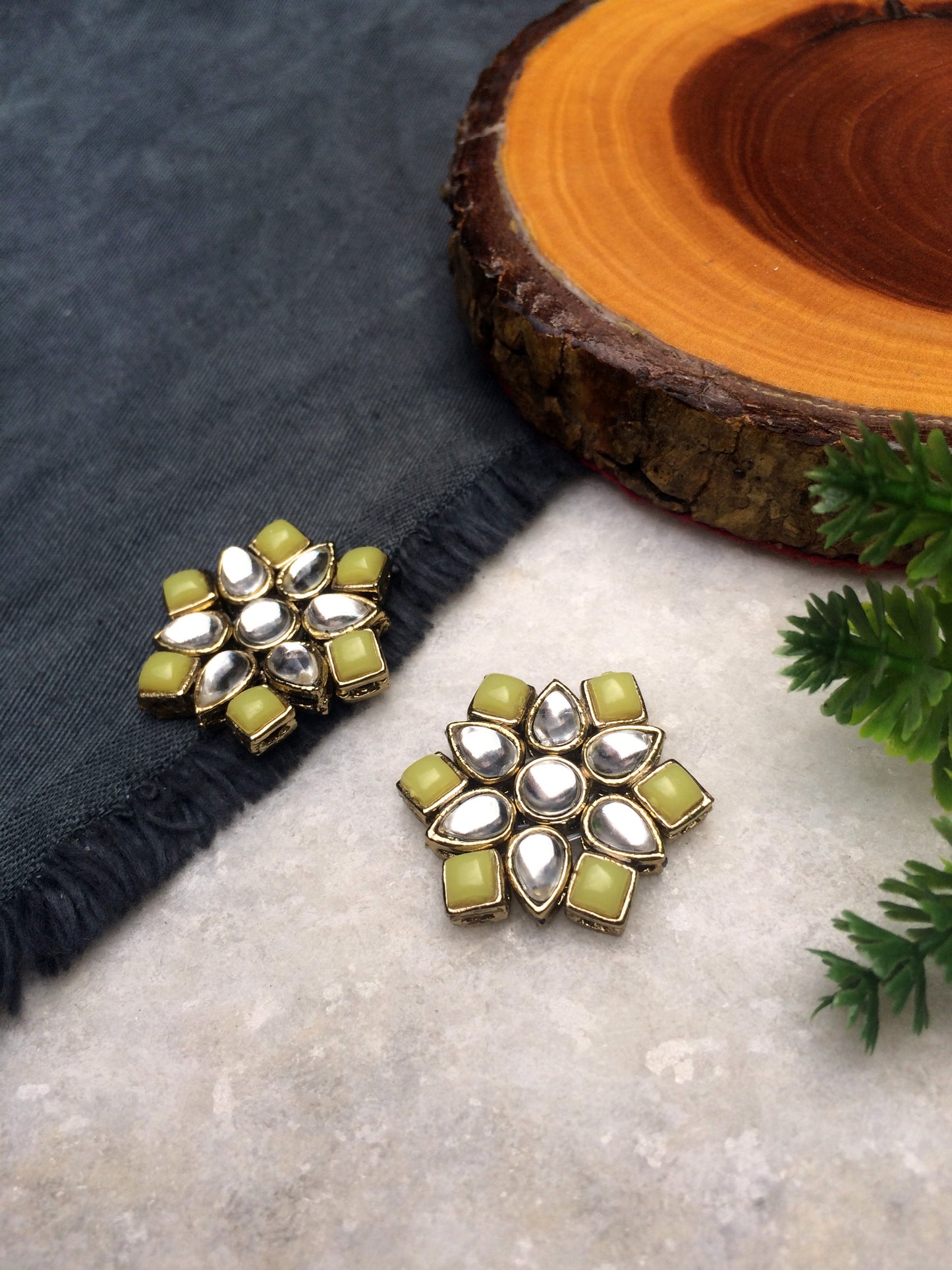 Yellow Stones and Kundan Small Round Studs