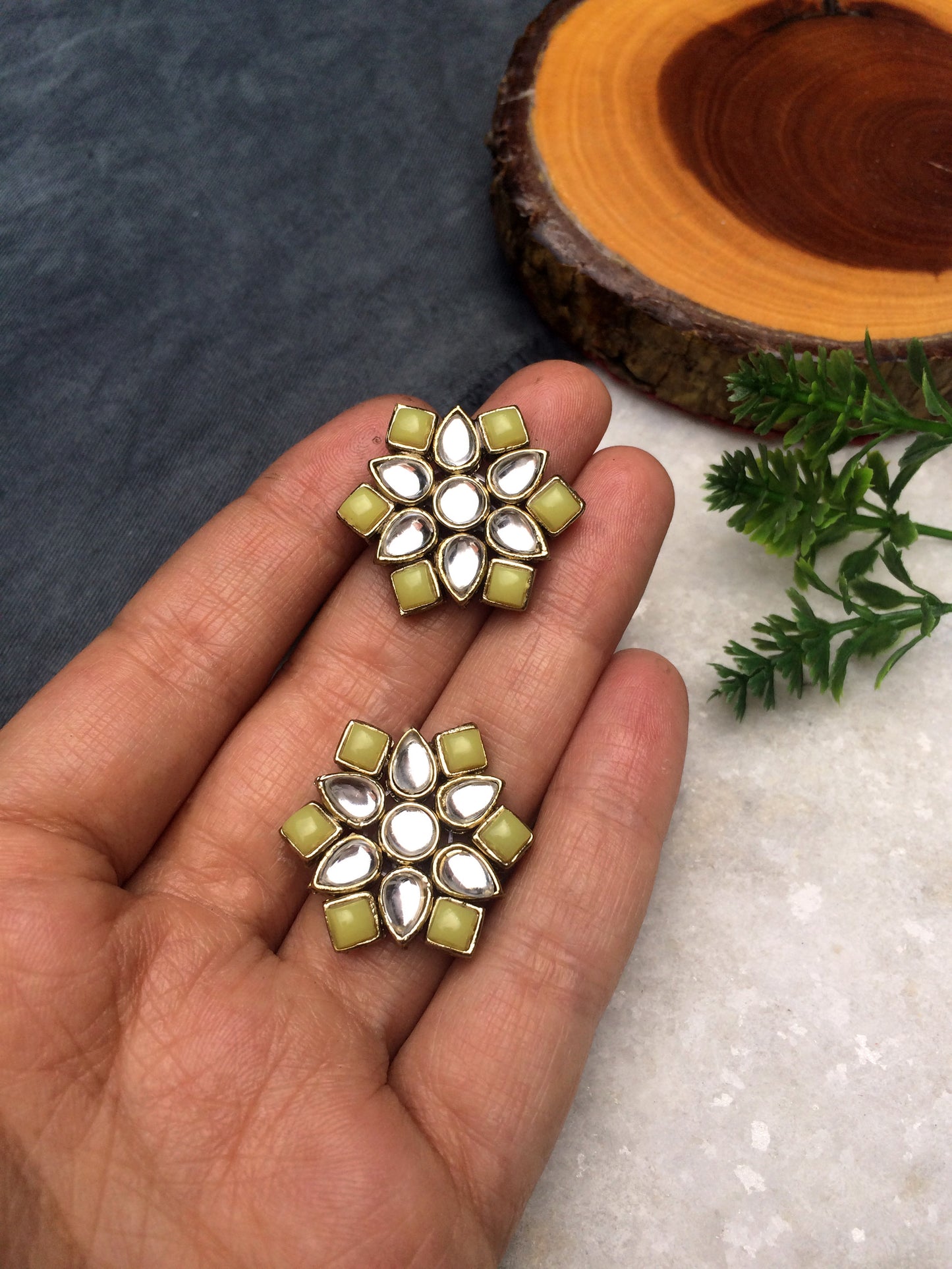 Yellow Stones and Kundan Small Round Studs