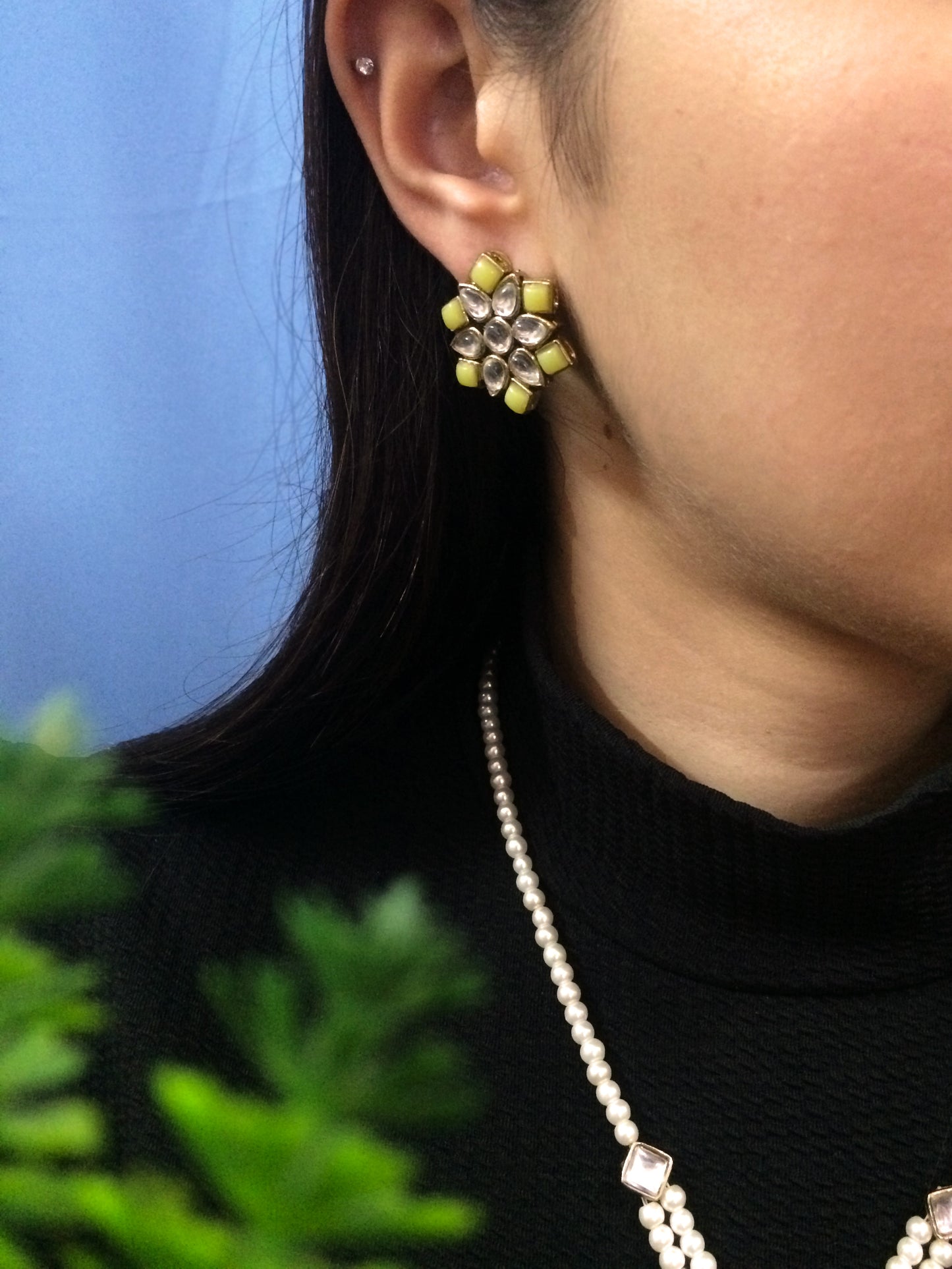 Yellow Stones and Kundan Small Round Studs