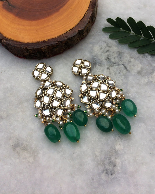 Green Stone and Kundan Chandelier Earrings