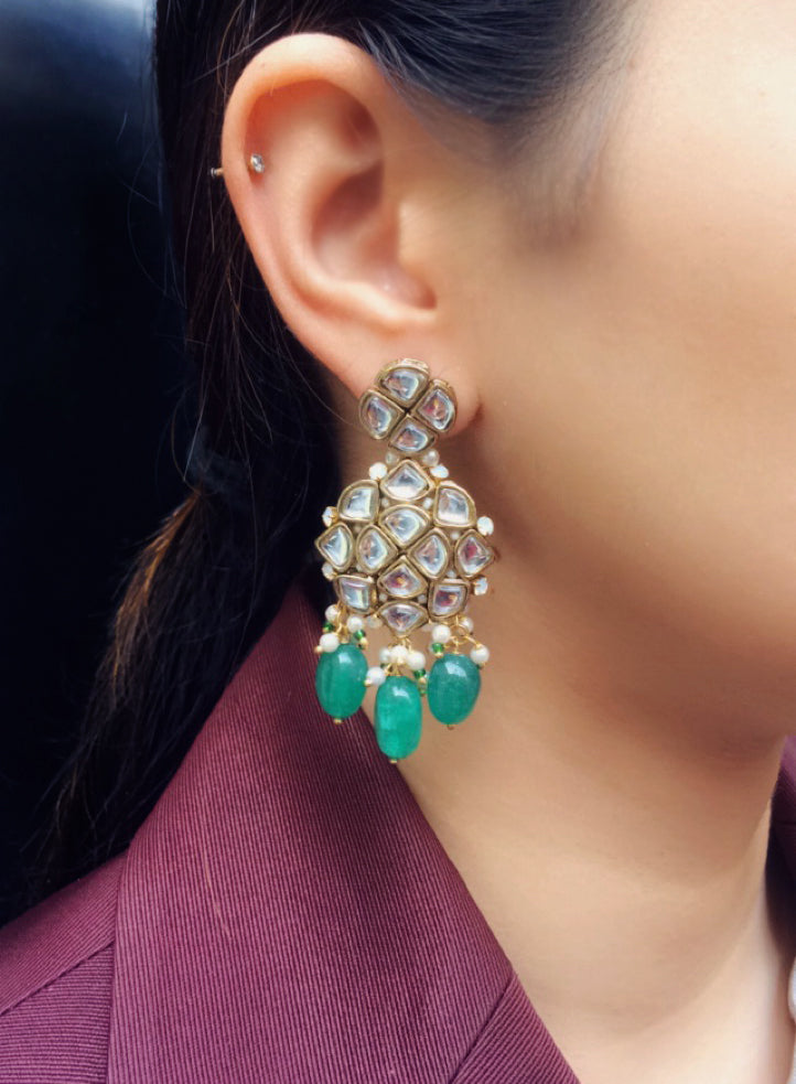 Green Stone and Kundan Chandelier Earrings