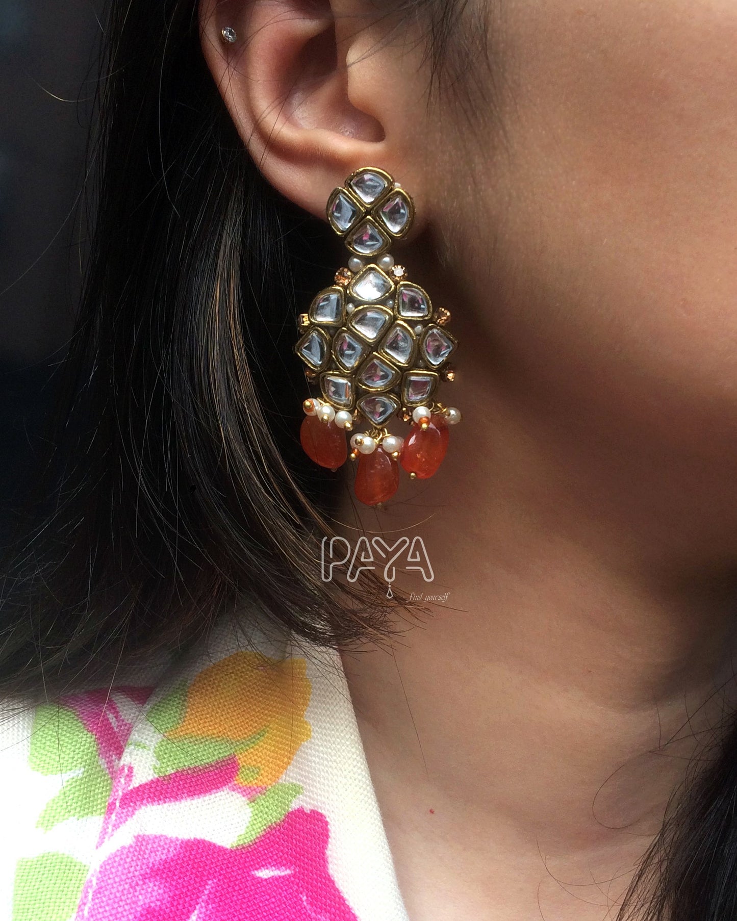 Natural Carnelian and Kundan Chandelier Earrings