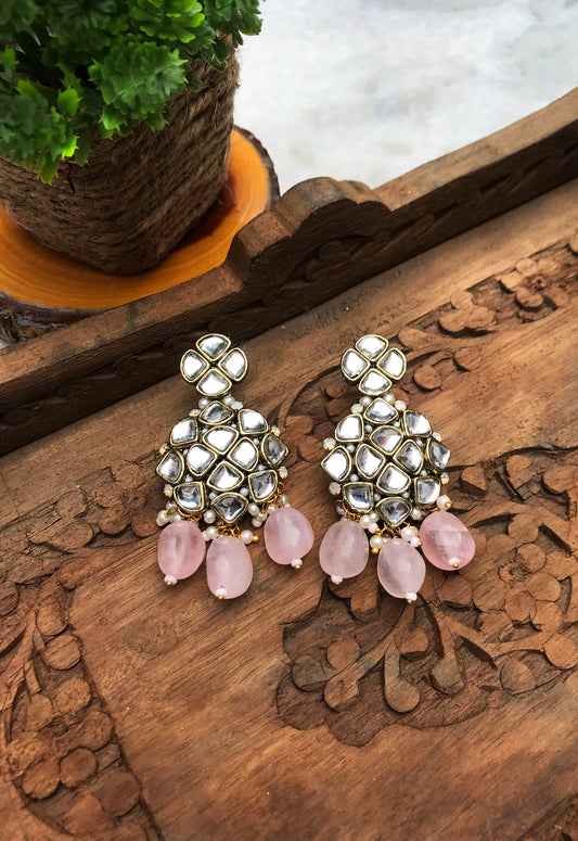 Rose Quartz and Kundan Chandelier Earrings