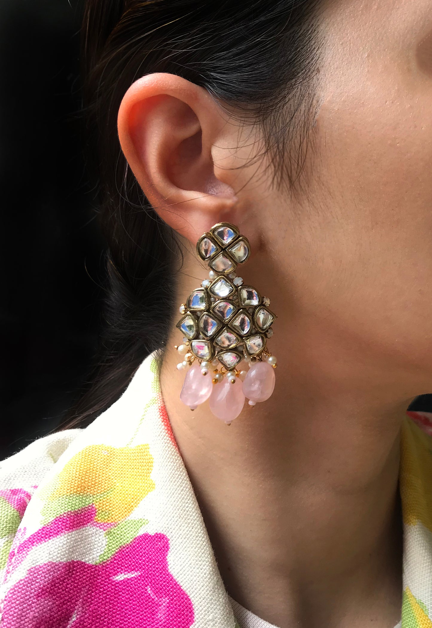 Rose Quartz and Kundan Chandelier Earrings