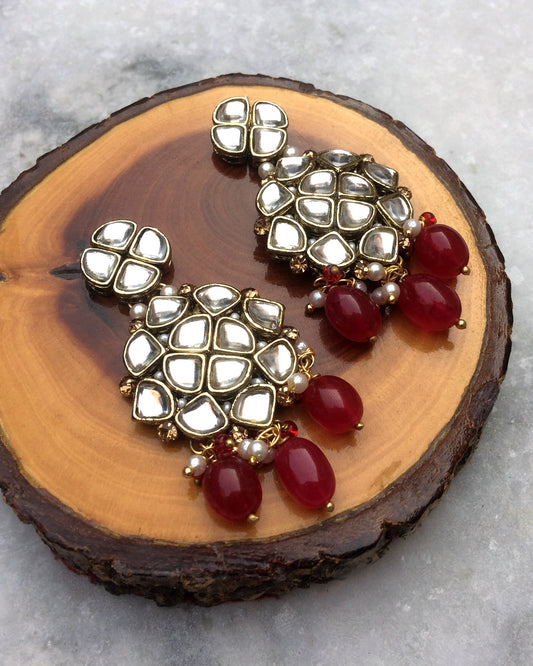 Red Stone and Kundan Chandelier Earrings