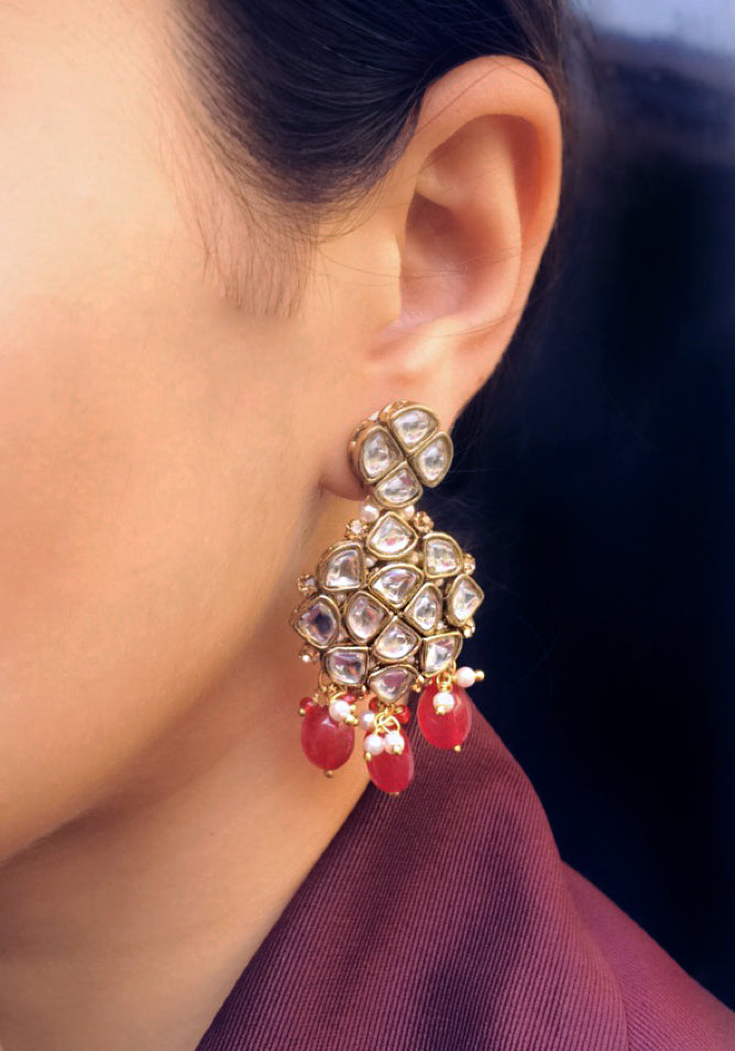 Red Stone and Kundan Chandelier Earrings