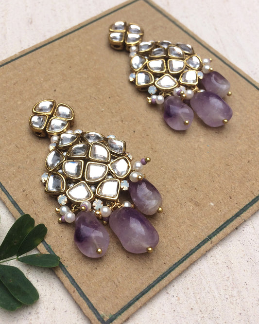 Natural Amethyst and Kundan Chandelier Earrings