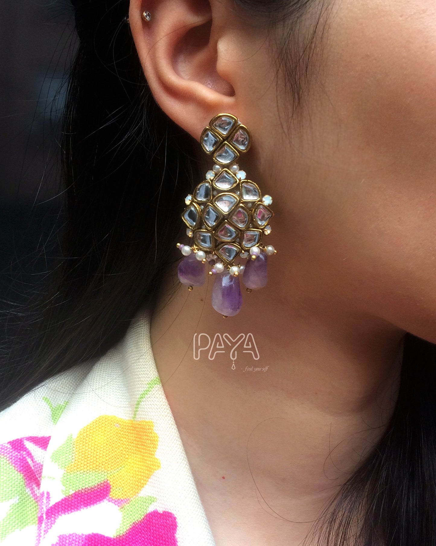 Natural Amethyst and Kundan Chandelier Earrings