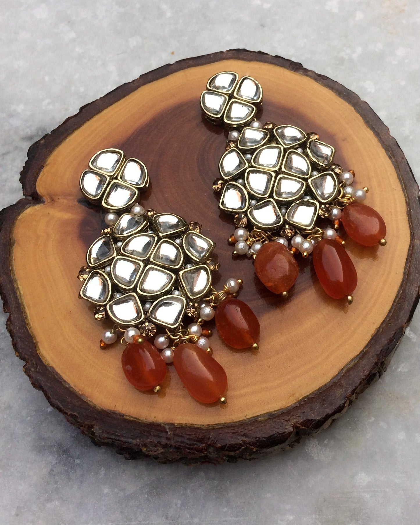 Natural Carnelian and Kundan Chandelier Earrings