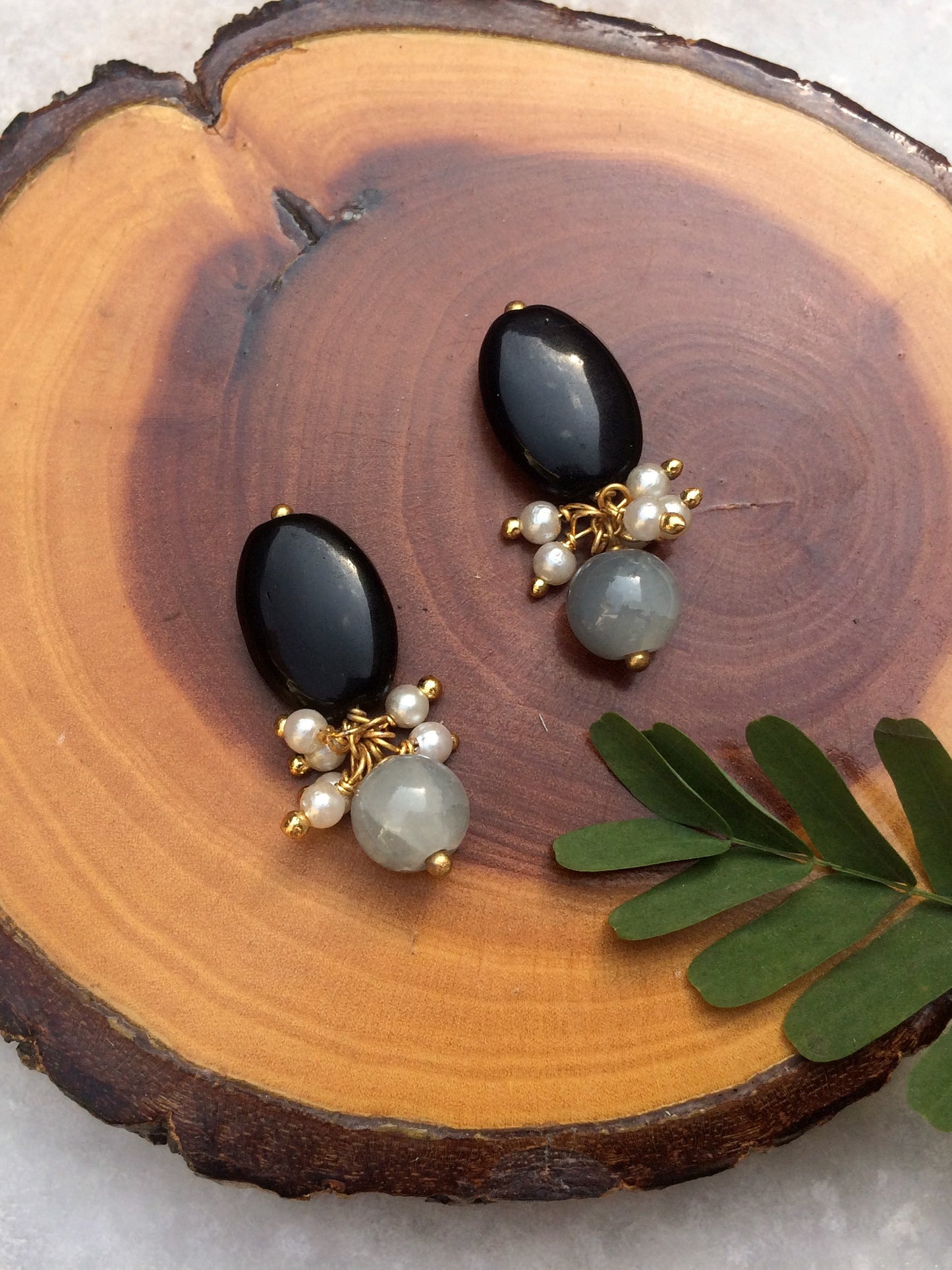 Black Stone and Crackled Pearl Stud Earrings