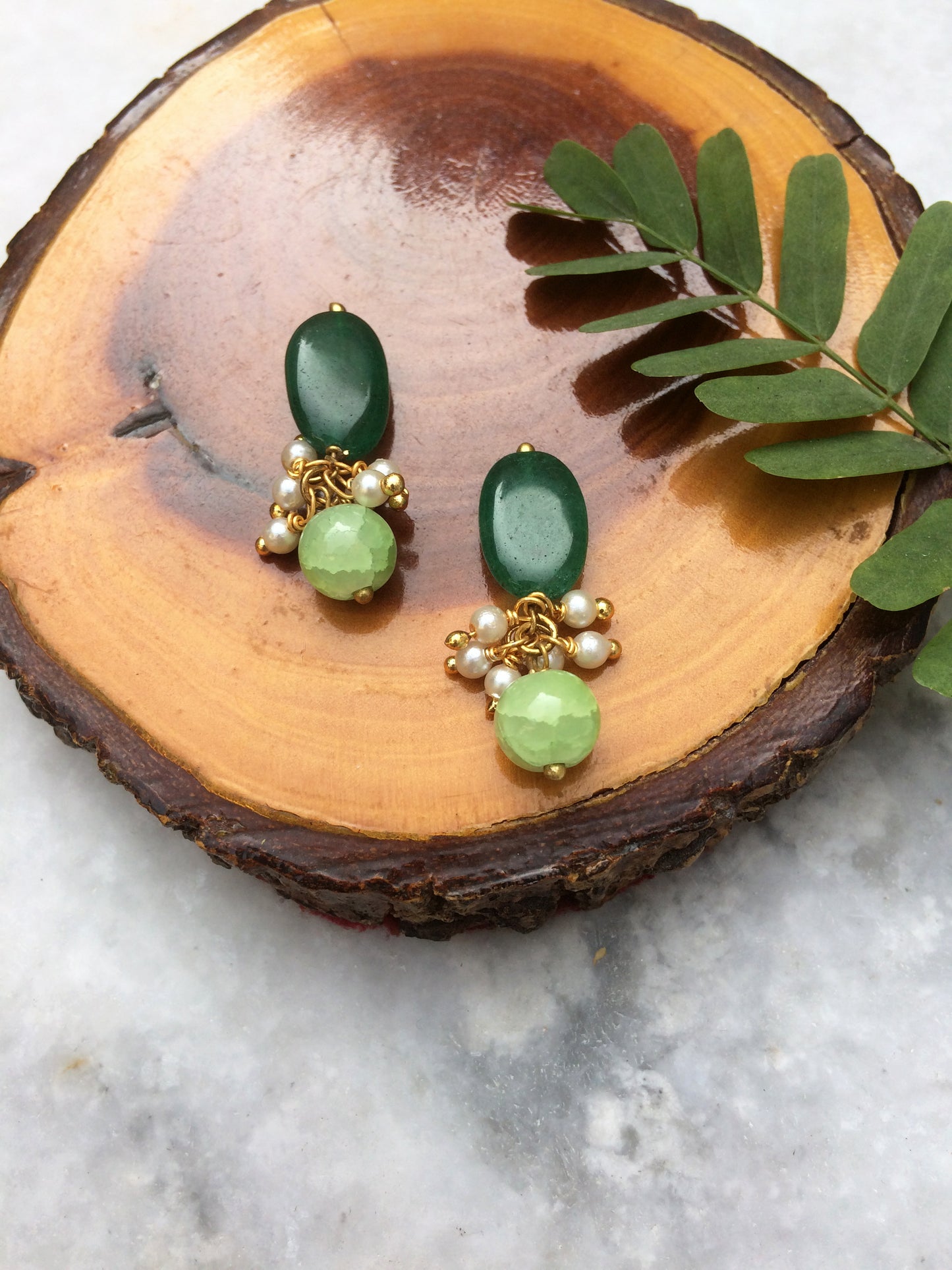 Green Stone and Crackled Pearl Stud Earrings