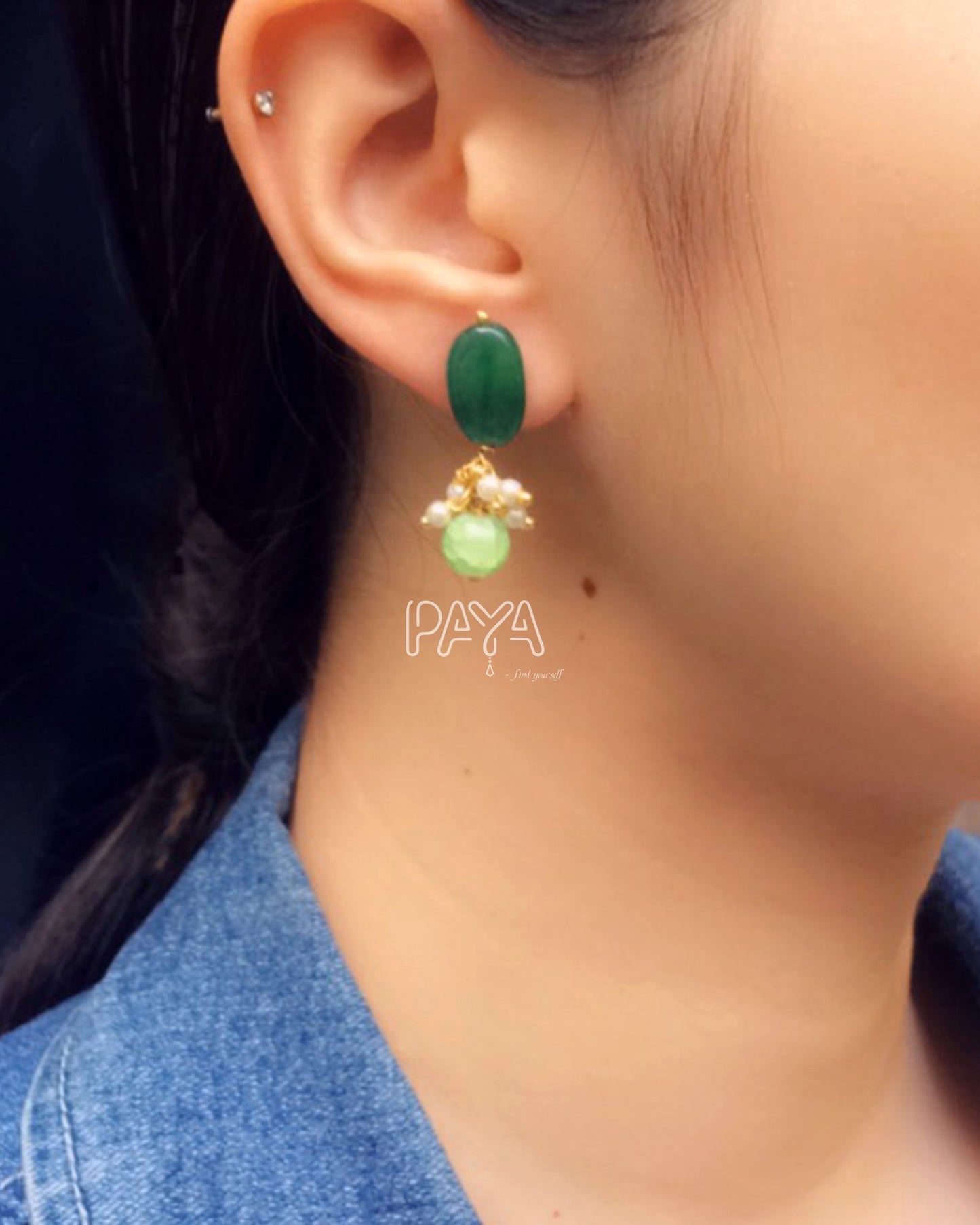 Green Stone and Crackled Pearl Stud Earrings