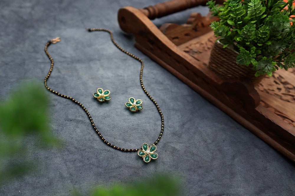 Flower Mangalsutra Necklace Set - Green