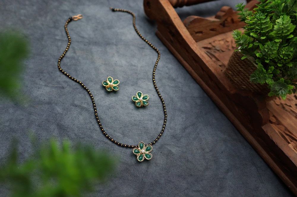 Flower Mangalsutra Necklace Set - Green