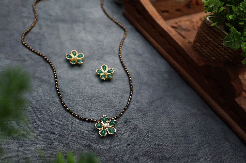 Flower Mangalsutra Necklace Set - Green