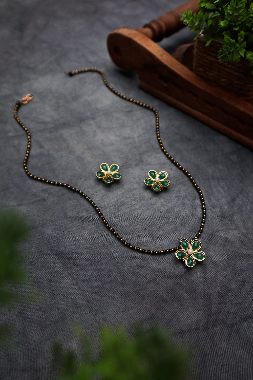 Flower Mangalsutra Necklace Set - Green