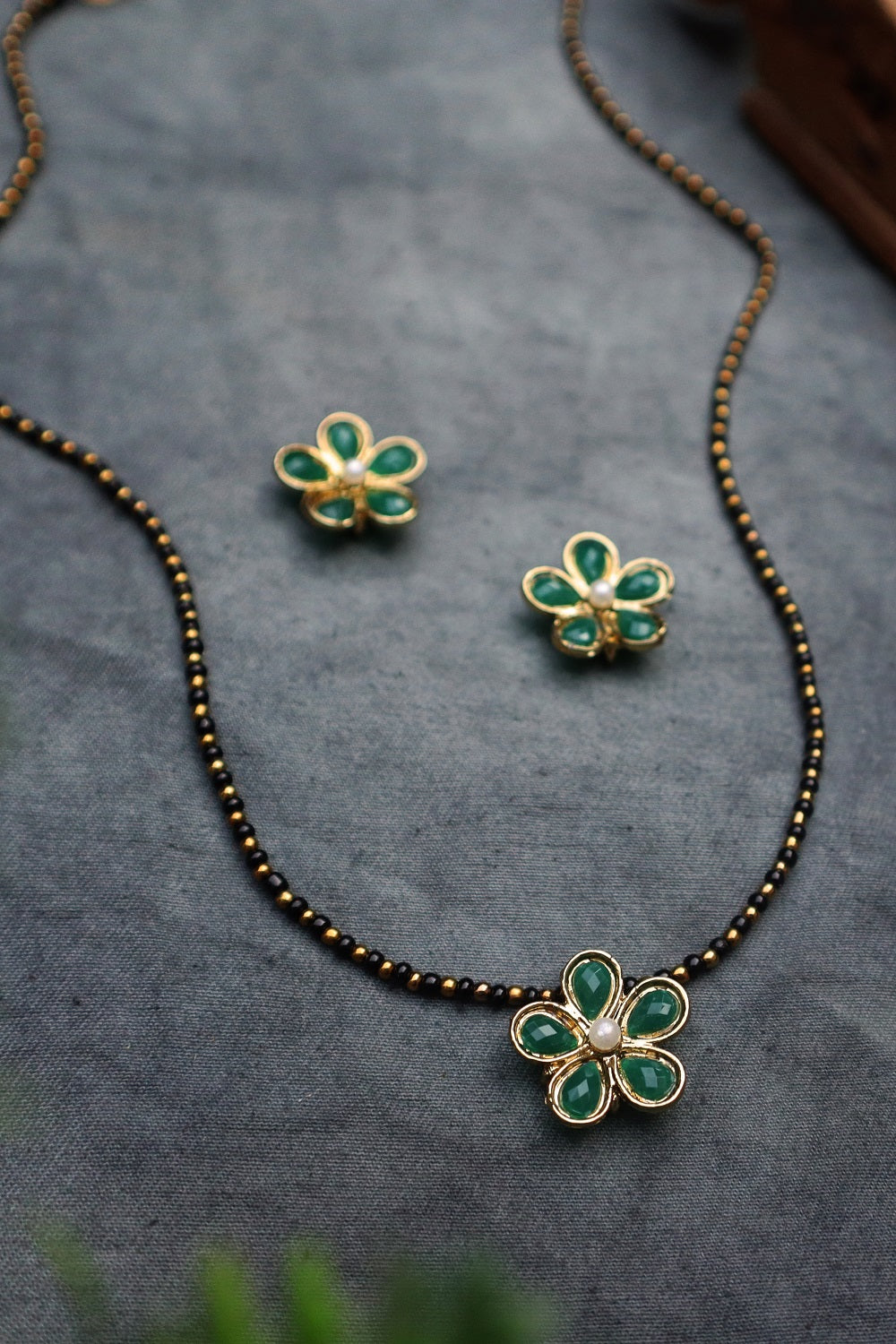 Flower Mangalsutra Necklace Set - Green