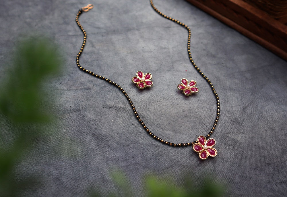 Flower Mangalsutra Necklace Set - Red